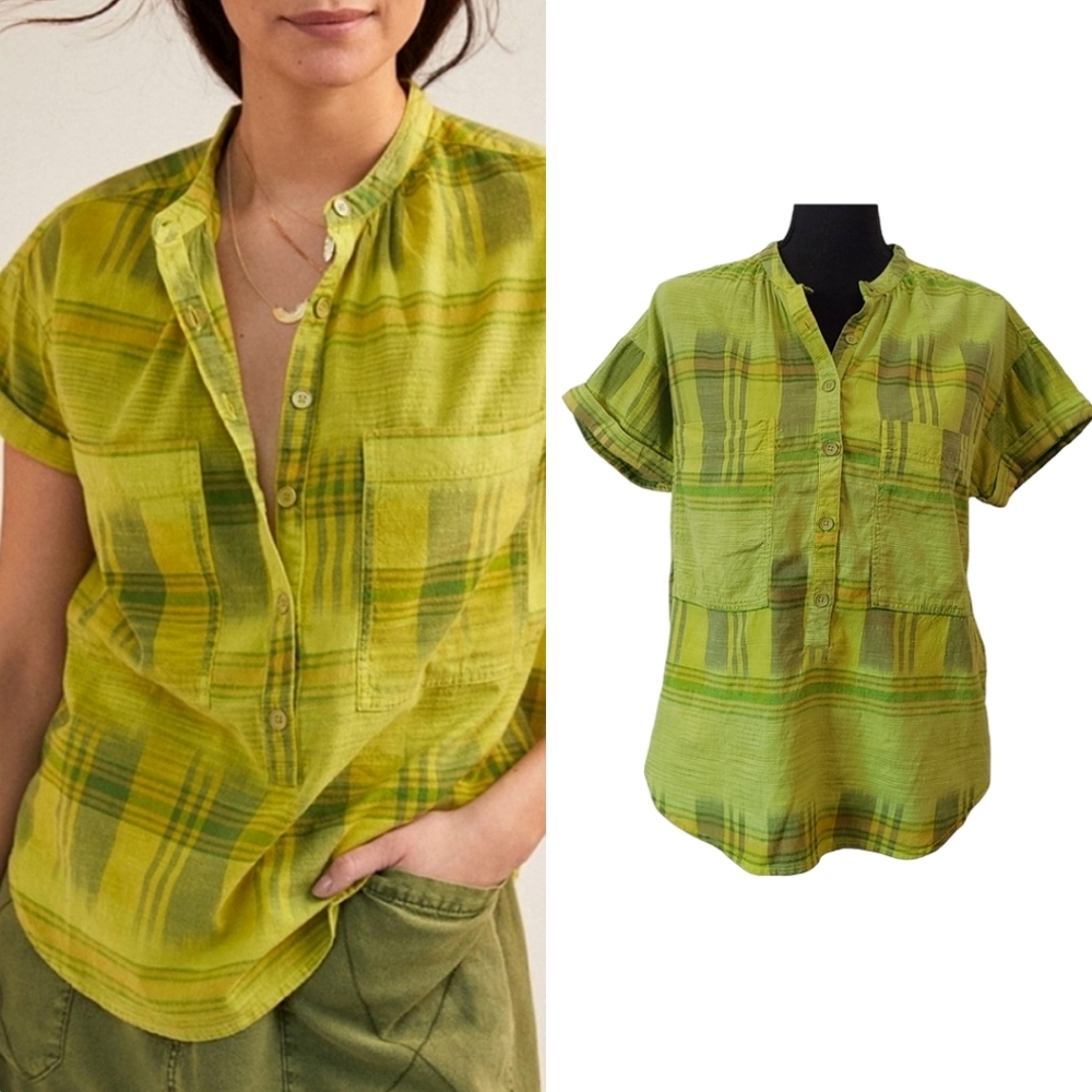 Pilcro The Hannah Button Down Green Mix Plaid Surf Blouse